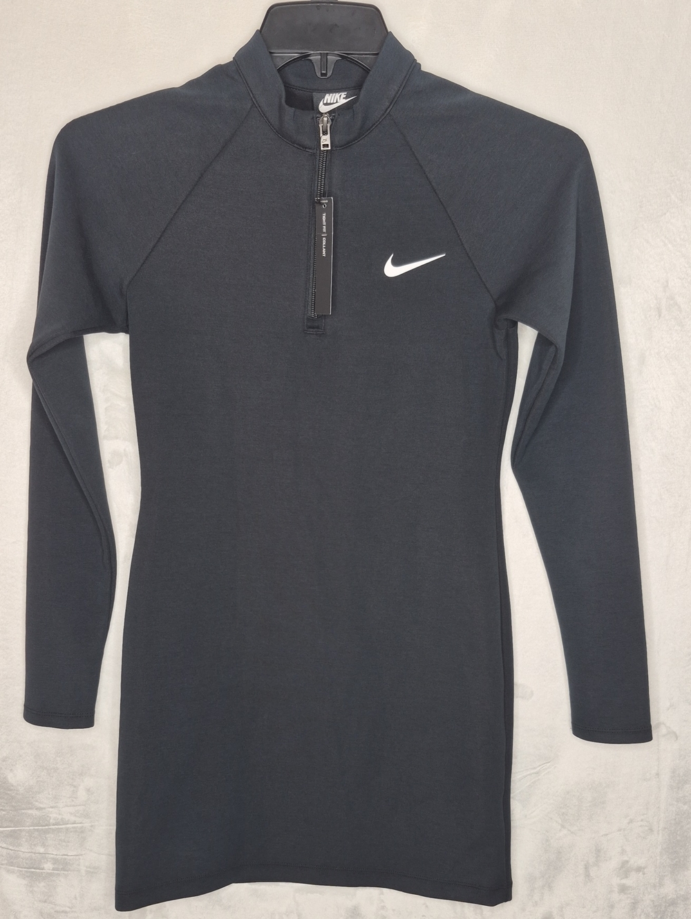 Nike Black Long Sleeve Half-Zip Athletic Mini Dress White Swoosh NWT Size S